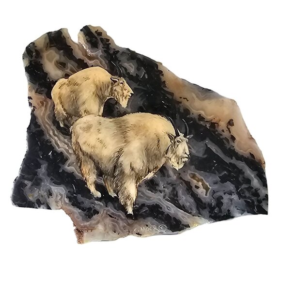 Hand-Painted Mountain Goats On Stone-Polymer Coated Plaque By Carolyn Mock - Picture 1 of 8